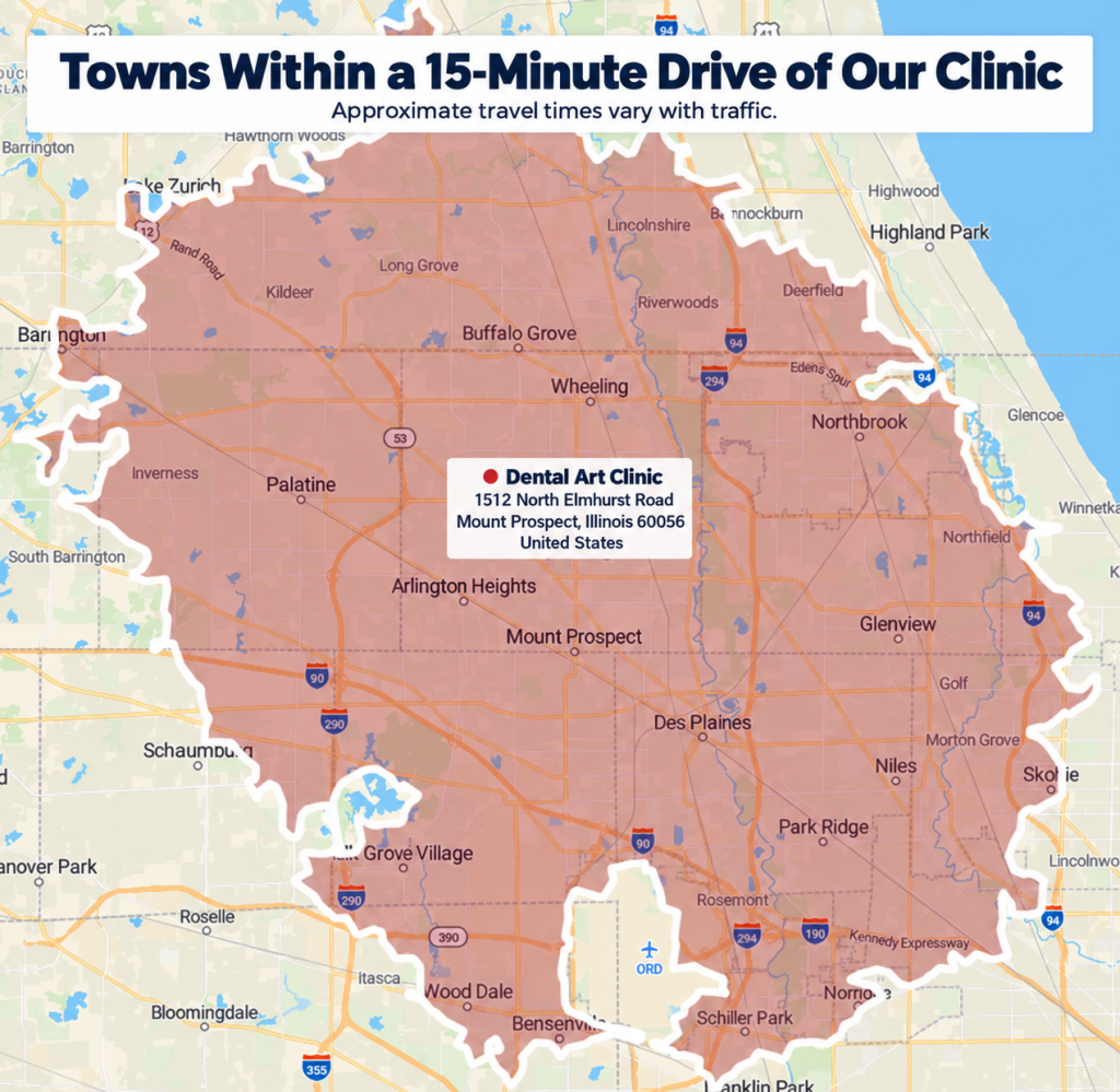 Mapa de las comunidades que rodean la Clínica Dental Art en 1512 North Elmhurst Road, Mount Prospect, Illinois.
